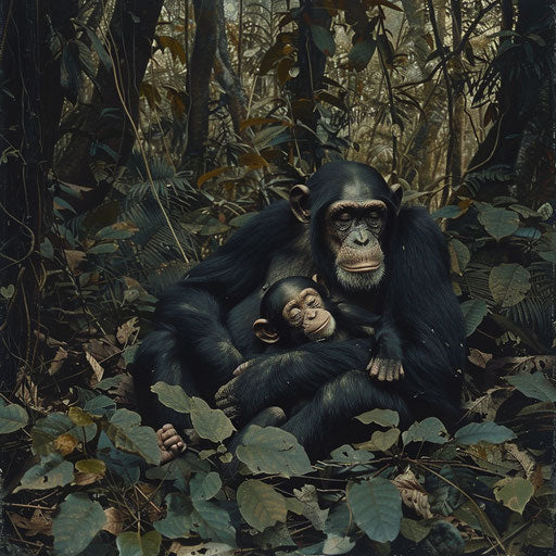 Chimpanzee mother and baby resting in a dense forest