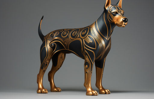 Doberman pinscher dog breed, light blue and dark gold style, 500–1000 CE