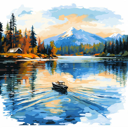 Lake clipart in the style of oil painting, on white background