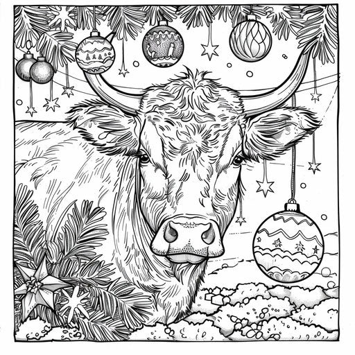 Cow in Christmas setting with ornaments. Coloring book page
