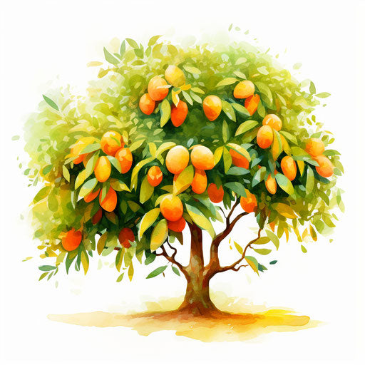 Illustration of a mango tree in the style of Impressionistic Art, on a white background