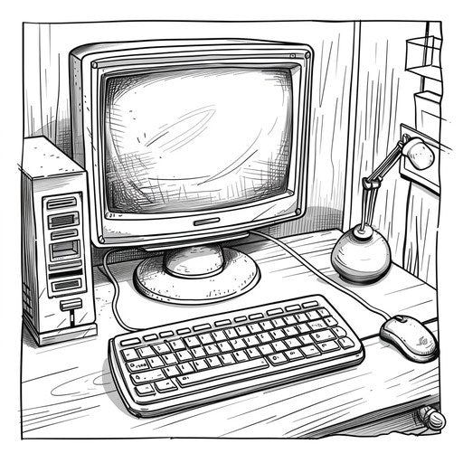 Illustration of a desktop computer with keyboard and mouse
