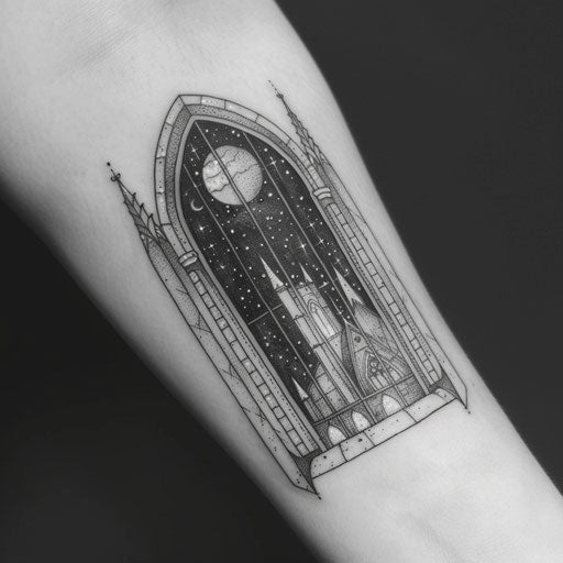 Gothic window arch tattoo framing moonlit night sky, blackwork style on pristine white background