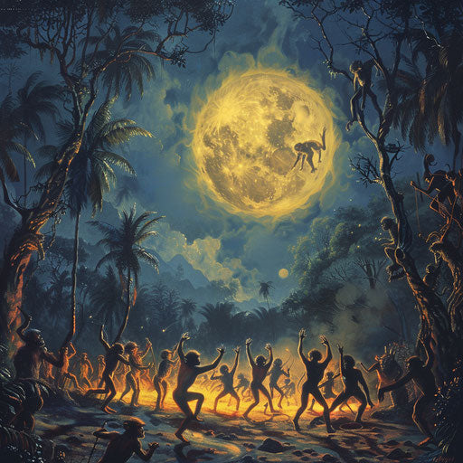 Monkeys dancing under the full moon during a mystical ritual
