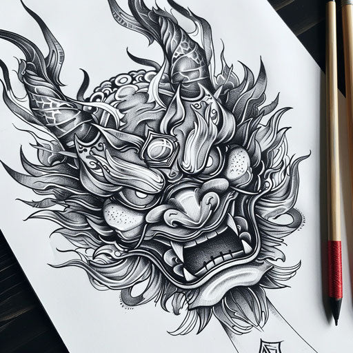 Detailed oni mask tattoo design, traditional Japanese style