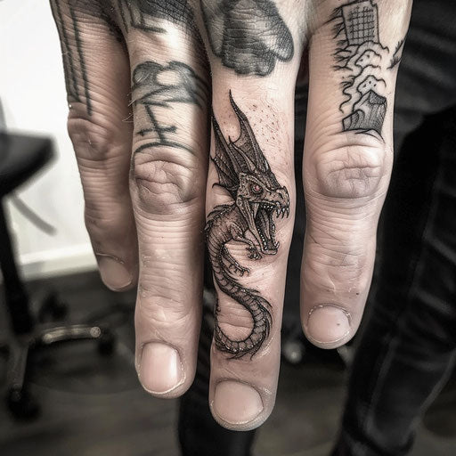 Finger tattoo with a miniature fantasy dragon, Peter Jackson style