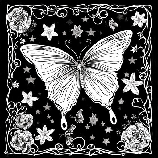 Butterfly surrounded by whimsical elements. Coloring page