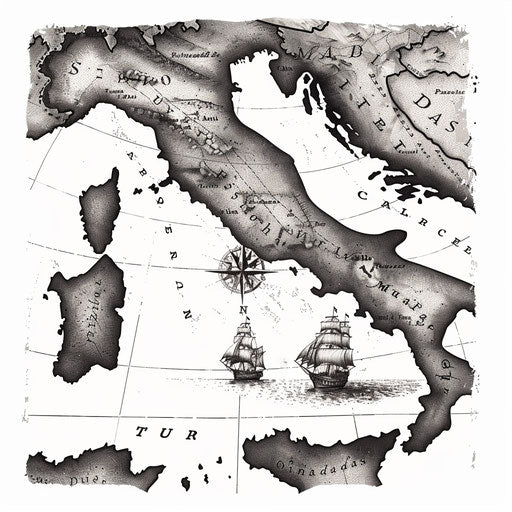 Vintage map of Italy tattoo design, detailed and stylized, on white background
