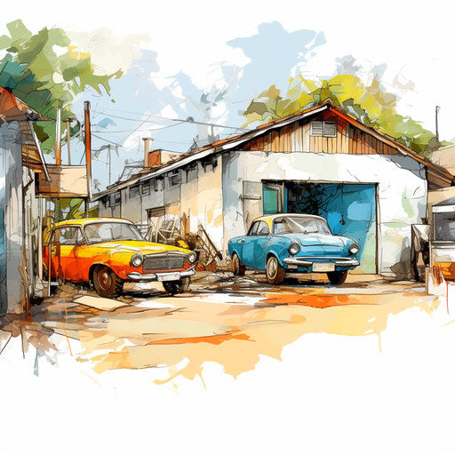 Garage clipart in the style of Impressionistic Art, on white background