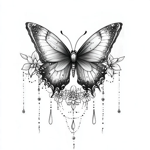 Butterfly and delicate lace in a tattoo sketch style
