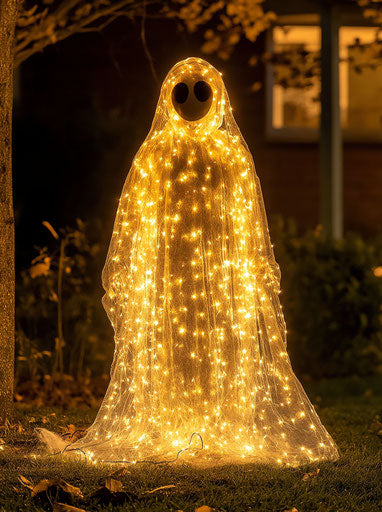 Halloween light-up ghost with lights and gauze, spooky atmosphere