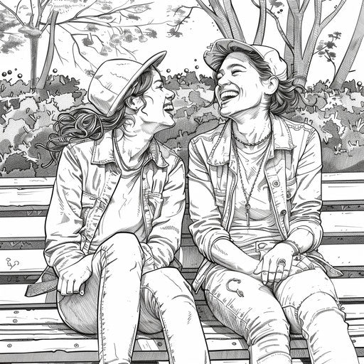 Best friends laughing together on a park bench