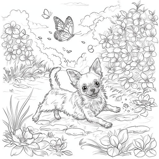 Chihuahua playing with butterfly in garden