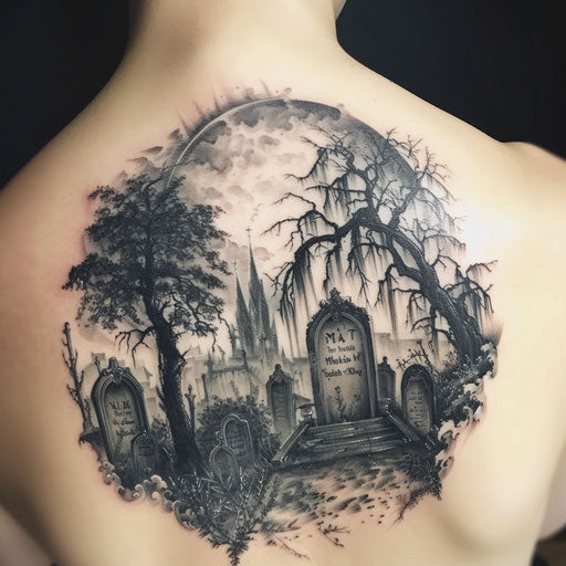 Eerie gothic cemetery scene with full moon and tombstones