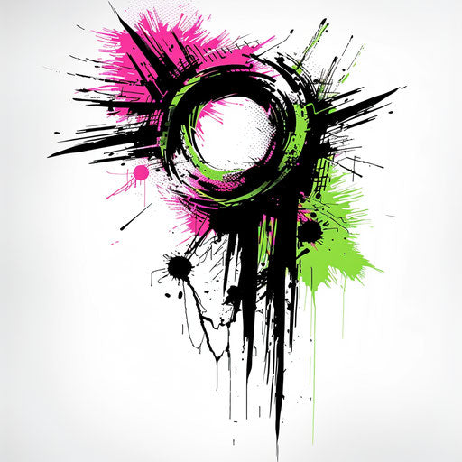 Dynamic tattoo sketch of a rising sun with splashes of neon green and pink in a clipart style