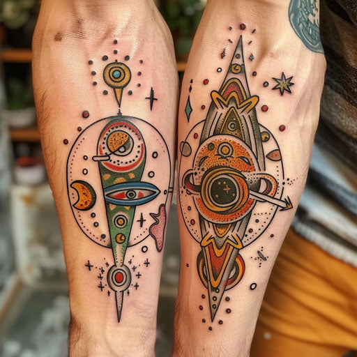 Couple tattoo with cosmic and celestial elements representing universal love