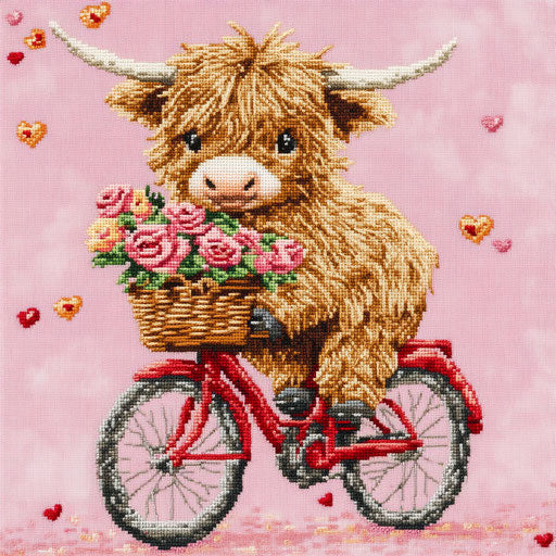 Cute Baby Highland Cow on a red bicycle with a basket full of roses