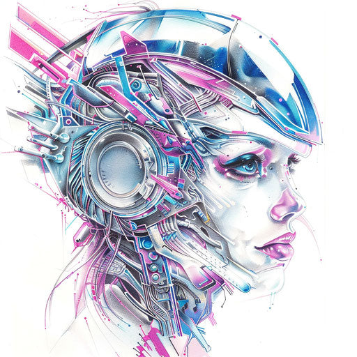 Futuristic Athena tattoo design, with cybernetic elements and neon blue and pink colors on a white canvas.