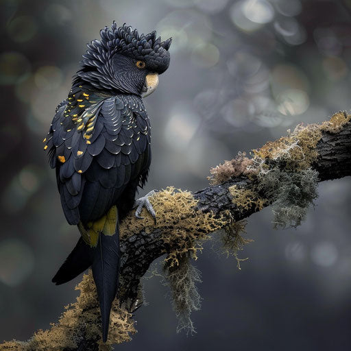 Black cockatoo with yellow tail on lichen-covered branch