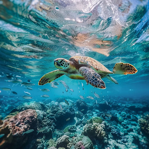 Green sea turtle swimming after fish in blue waters