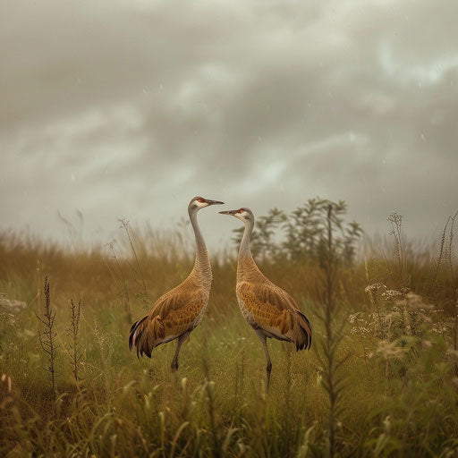 Sandhill cranes calling in a grassy field