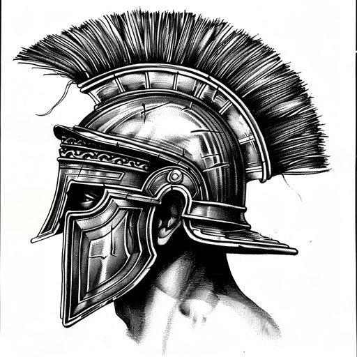 Graphic tattoo of Roman soldier helmet in black and silver on white