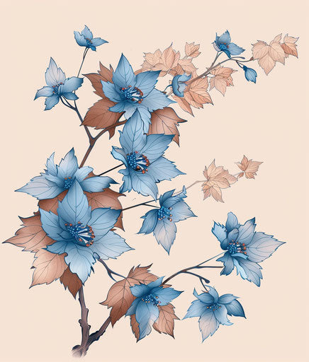 Blue leaves and flowers in traditional Japanese style