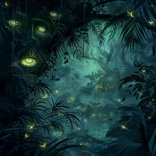 Mystical tattoo sketch of a jungle at night with glowing eyes and fireflies, clipart style