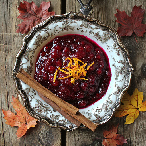 Cranberry sauce in an elegant dish with orange zest and cinnamon sticks, fall leaves scattered
