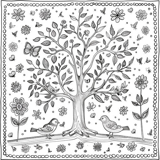 Whimsical tree with birds and flowers in springtime