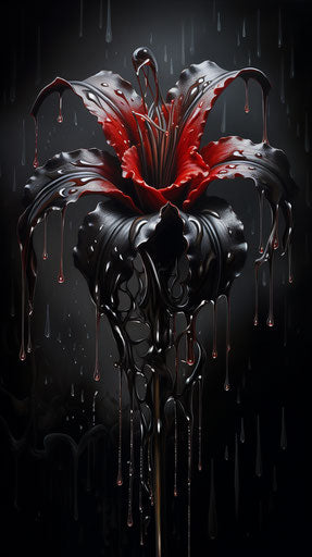 Black flower dripping, dark white and crimson style, junglepunk art