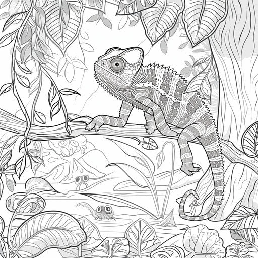 Playful chameleon with jungle animals