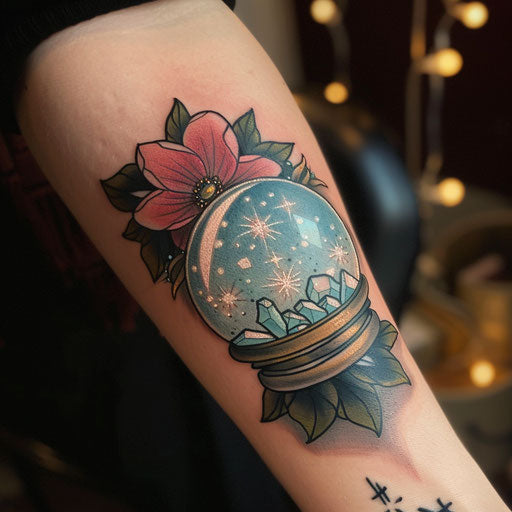 Mystical neo-traditional tattoo with crystal ball on white background