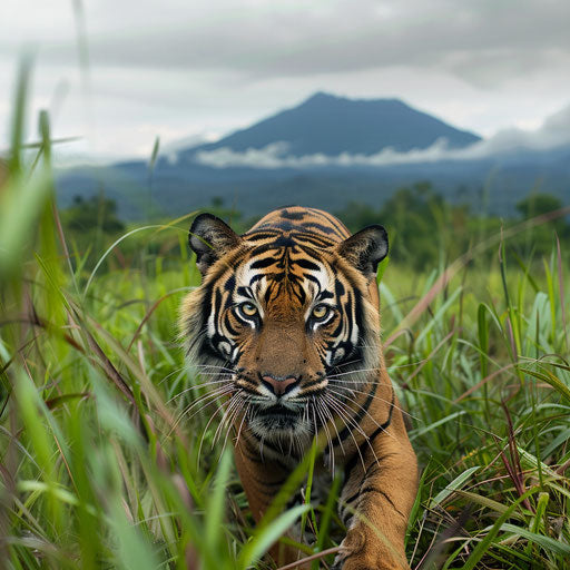 Sumatran tiger stalking prey in tall grasses