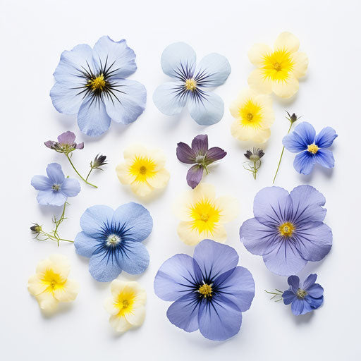 Blue young flowers arrangement on white, 8k resolution style
