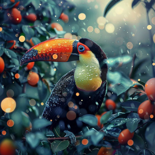Toucan bird surrounded by dew-covered plants