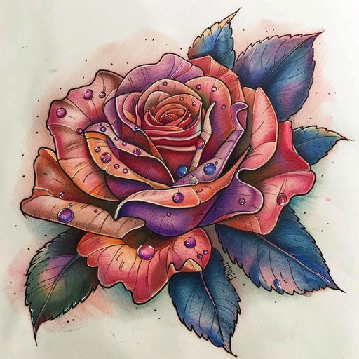 Vibrant flat tattoo sketch of a rose with detailed dewdrops on petals