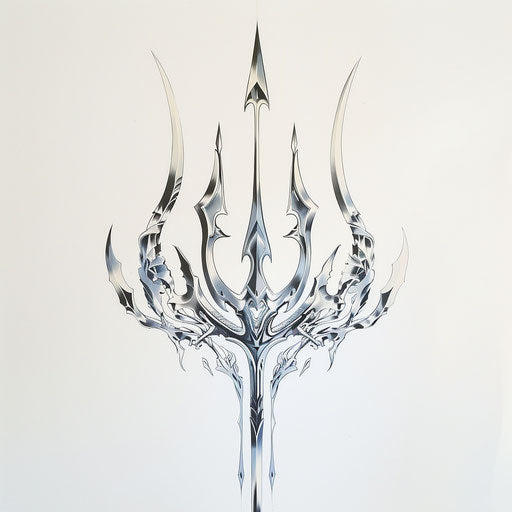 Futuristic trident tattoo with silver details on pure white