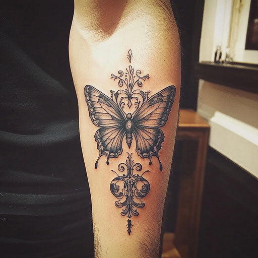 Butterfly tattoo on arm with gothic filigree