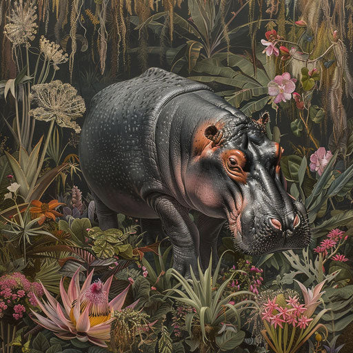 Hippo in detailed botanical setting with African flora