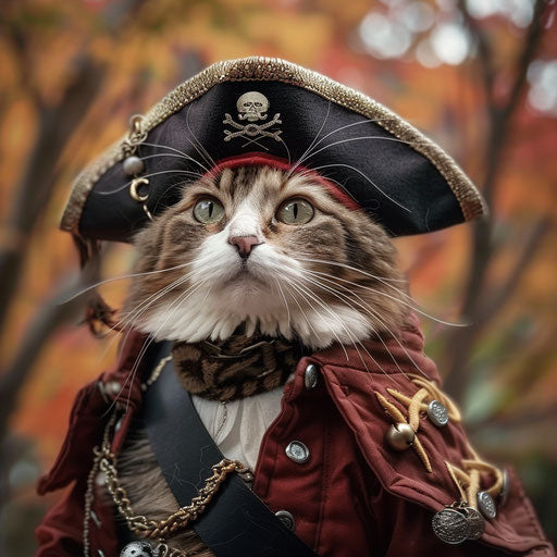 Pirate cat with cape hat, maroon and amber style
