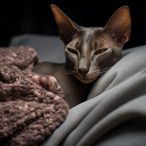 Oriental shorthair cat sleeping on a couch with its owner