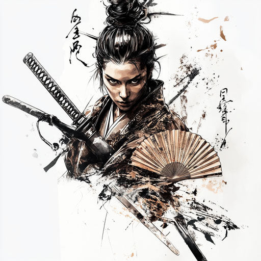 Japanese samurai tattoo sketch with traditional fan and katana on white background