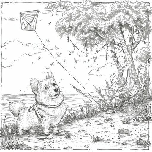 Whimsical scene of a corgi flying a kite in the park.