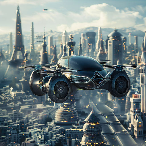 Drone car Citroen DS 20 with propellers hovering over a futuristic city