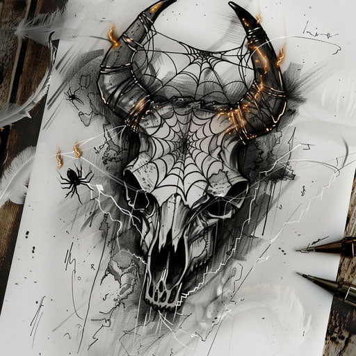 Creepy tattoo sketch of a cow skull with spider webs and glowing eyes in a dark, eerie style