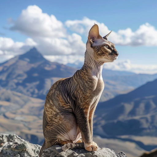 Cornish rex cat sitting in front of mountain scenery
