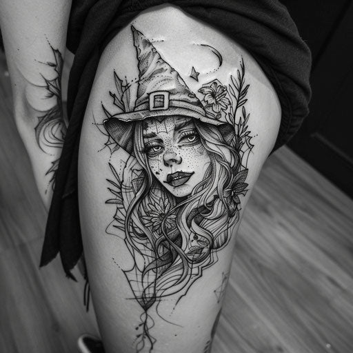 Witch tattoo ideas in expressive line drawing style
