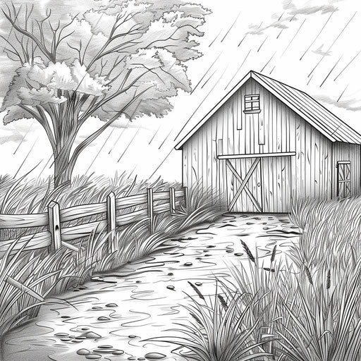 Peaceful morning scene with a barn and dew-covered grass. Coloring book page