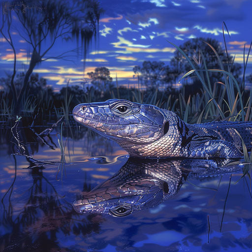 Blue tongue skink near reflective water at dusk